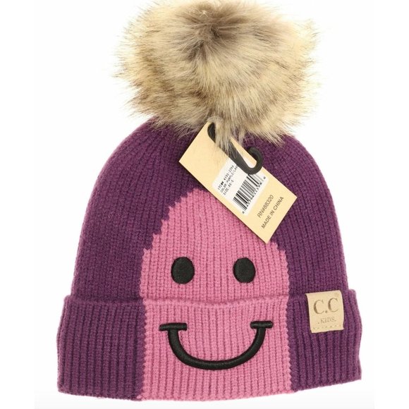 Kids Smiling Lined Fur Pom‎ CC Beanie Warm Lining Purple Lavender NWT - Picture 1 of 8